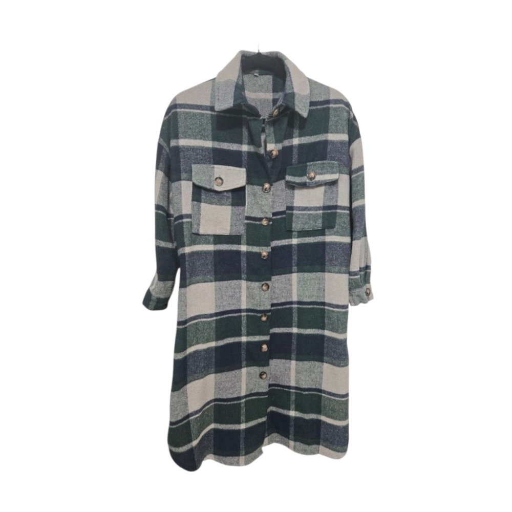 Plaid Flannel Shacket Jacket Oversized Button Up Blue Green XS Women's Grunge - Picture 8 of 8